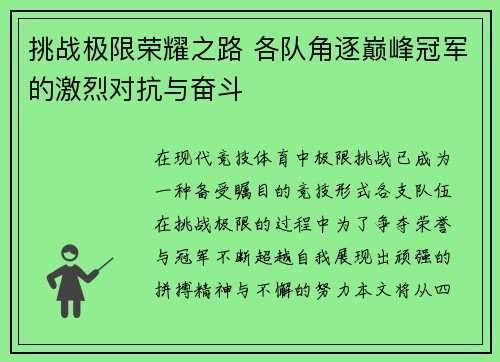 挑战极限荣耀之路 各队角逐巅峰冠军的激烈对抗与奋斗